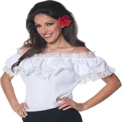 Senorita Blouse Women's Peasant Inspired Blouse Features Off-The-Shoulder with Elastic Lace Trim Small