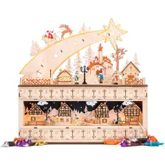Best Choice Products Wooden Christmas Advent Calendar, Shooting Star w/ Battery-Operated LED Light Background Beige