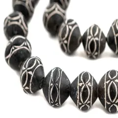 The Bead Chest Tribal Design Bicone Black Mali Clay Beads 20mm African Black and White Large Hole 24 Inch Strand Handmade