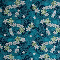 1 Yard Polynesian Tattoo Plumeria Tiare Floral Peachskin Fabric for Apparel 45 Inch Width Teal