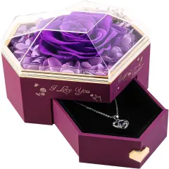 Heart Shape Preserved Real Rose Box with Necklace