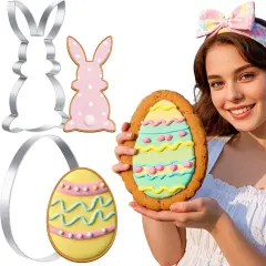 2 Pcs Large Easter Cookie Cutters 8" Extra Large Bunny and Egg Stainless Steel Giant Cookie Cutter for Easter Holiday Baking