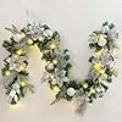 Silver White Christmas Ball Ornaments and Poinsettia FlowersDecorated Garland