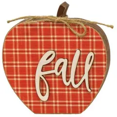 Wood Plaid Fall Apple Sitter with Scripted Lettering and Freestanding Design