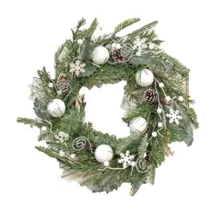 White Christmas Wreath 24" with Glittered Florals, Pinecones, and Snowflakes