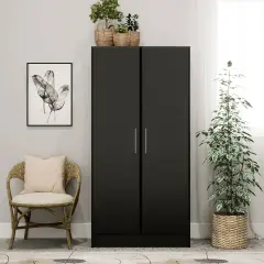 65-Inch Freestanding Tall Cabinet with Clothing Rod and Shelves for Bedroom or Kitchen Storage Black