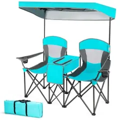 Steel Folding 2-Seater Camping Chair with Canopy and Cooler Turquoise Blue