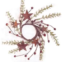 Rosehip and Herb Candle Ring with Burgundy Berries Rusty Star Accents for Rustic and Farmhouse Decor