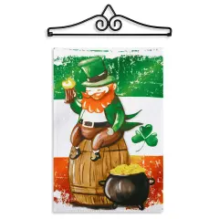 G128 Combo Pack Garden Flag Hanger 14IN & Garden Flag Happy St. Patrick's Day Leprechaun Barrel Gold Printed 12x18IN Double Sided