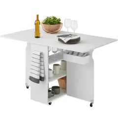 Best Choice Products Multipurpose Folding Table w/ Wheels, 3 Storage Shelves, Cubby, Handle White