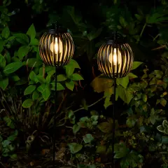 Set of 2 32.25"H Black Metal Stripes Solar Powered Outdoor Lantern with Edison Bulb and Stake