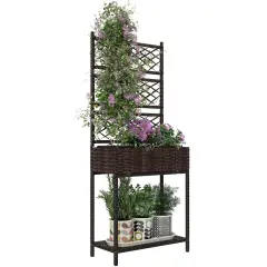 Outdoor Wicker Planter Box with Trellis & Shelf Brown