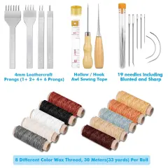35 Pieces Leather Stitching Pouch Kit with 4mm Prong Sewing Hole Punch, Leather Sewing Tools, Waxed Thread and Large-Eye Stitching Needles for Beginner Leather Sewing Working Crafting Projects