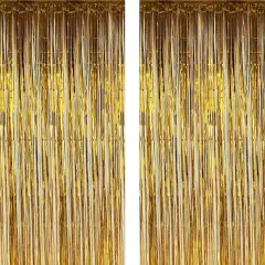 2 Pack Photo Booth Backdrop Metallic Tinsel Foil Fringe Curtains Environmental Background Streamers for Birthday Wedding Party Christmas Decorations (Gold Backdrop Curtain)