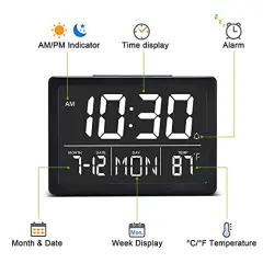 Digital Alarm Clock with Snooze, Small Clock/Table Clock, 6.3" LED Digital Calendar, 12/24H, Adjustable Brightness/Volume, Desk Clock for Bedroom, Living Room, Office - Black