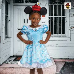 Toddler Vintage Minnie Mouse Costume Blue Polka Dot Dress Ribbon Waist