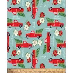 Merry Christmas Trucks Cotton Fabric | By the Yard | Sewing and Crafting | 44 inches wide
