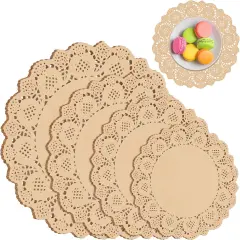 200 Pack Round Brown Lace Paper Doilies Disposable Decorative Paper Placemats Assorted Size 6.5, 8.5, 10.5, 12 inch Table Paper Pad Mats for Buffet Cake Food Party Wedding Tableware Decoration
