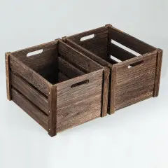 Farmhouse Wooden Crates - Large Solid Wood Crates with Handles for Storage and Display, 2 Pack Brown