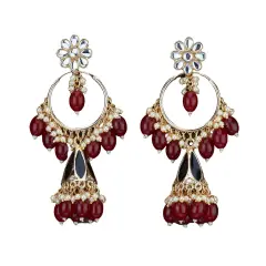 Indian Jhumka Earrings for Women - Large Kundan Faux Pearls Drop Chanbali Earrings Floral Indian Jhumki Ethnic Beaded Bollywood Style Dangle Earrings Jewelry for Bride Birthday Gift for Her BLACKMAROON