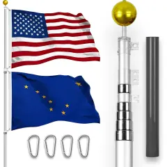 G128 Combo Pack: 25 Ft Telescoping Aluminum Flagpole (Silver) & American and Alaska Flags 3x5 Ft, Both StormFlyer Series Embroidered 220GSM Spun Polyester | Pole with Flags Included