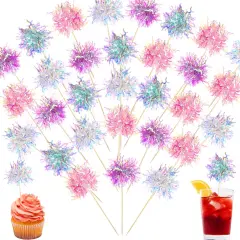 120 Pcs Firework Cupcake Toppers Foil Frill Toothpicks Cake Decorations Sparkle Tinsel Cupcake Toppers Cocktail Picks Firework Par