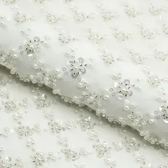 1 Yard Blossom Beaded & Sequined Stretch Mesh Fabric White