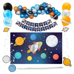 102 Piece Outer Space Birthday Party Decorations with Galaxy Backdrop, Banner, Backdrop, Balloons, Hanging Swirls, Cupcake Toppers Blue