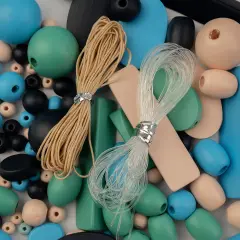 John Bead Craft Wood Beads with Elastic Nylon Cord, 90g Blue& Natural &Green