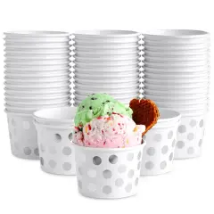50 Pack Paper Ice Cream Cups for Frozen Yogurt, Disposable Dessert Bowls with Silver Foil Polka Dots (8 oz) White