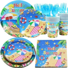 Beach Party Supplies Serves 20, Beach Party Decorations, Beach theme Plates and Napkins, Summer Pool Party Set, Summer themed Paper Tableware Set