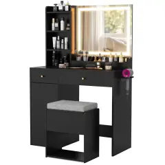 Vanity Set with 3-Color Adjustable Lights, Storage, Charging Ports and Stool Black