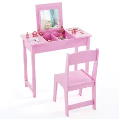 MDF Vanity Table and Chair Set with Acrylic Mirror and Storage Pink