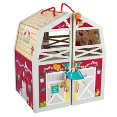 Hape: Pony Club Ranch - Wooden 2 Level Barn Dollhouse, White & Red, Horse & Rider Figures, Open & Reveal, Rope Handle, 13.8"x11.4"x9.4", Kids Ages 3+