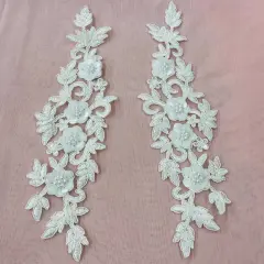 1 Pair 11" x 3" Each Side Beaded & Corded Floral 3D Lace Applique 100% Polyester Net Mesh Ivory