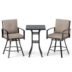 3 Pieces Patio Swivel Bar Set Included Square Table and 2 Stools With Metal Frame and Umbrella Hole