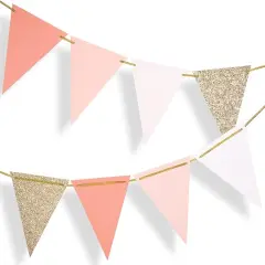 10-feet Vintage Style Pennant Banner, Rose Gold Party Banner, Paper Triangle Flags Bunting for Boho Wedding Party, Baby Shower, Girl Room Nursery Decoration (Ivory+Pink+Rose Gold Glitter)
