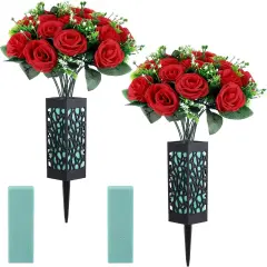 2 Sets Artificial Cemetery Flowers 36 Heads Rose with 2 Grave Markers Flower Holder Vase with Drainage Hole Long Spikes and 2 Floral Foam Blocks for Outdoor Memorials (Red)