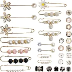 32 Pcs Pearl Brooch Safety Pins for Clothes Dress Jeans Skirt Pants Faux Pearl Rhinestones Sock Charms Pins for Women Waist Decoration Tightener Safety Pins