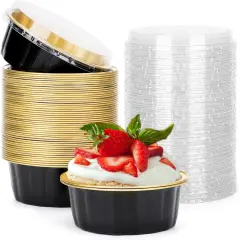 Disposable Ramekins with Lids, 8 oz 50 Pack Black Gold Aluminum Foil Cups, Disposable Creme Brulee Muffin Cupcake Baking Cup Mini Pudding Cups for Party Wedding Birthday