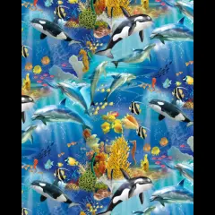 Fish Dolphins Whales Marine Life Digital Cotton Print Fabric | By the Yard | Sewing and Crafting | 44 inches wide