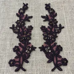 1 Pair Beaded & Corded Floral Lace Applique 10" x 2" Each Side Chocolate