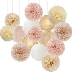 Champagne-Gold White Party-Decorations Paper-Flowers Lanterns - 15PCS Boho Fall Rustic Tissue Pom Poms Streamers,Wedding Baby Bridal Shower Neutral Autumn Birthday Hanging Supplies Decor Hugfond