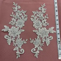 1 Pair Beaded & Corded Floral Lace Applique 100% Polyester Net Mesh 12.5" x 5" Each Side Silver Metallic