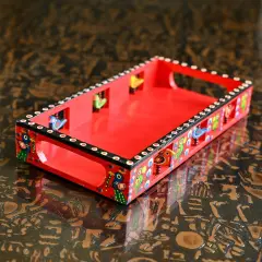 Wooden Serving Tray Hand Painted Tray Indian Decorative Platters for Snack Tea Kitchen Home Restaurant Dinning Table Decor - Breakfast Tray with Handles Great Gift Idea