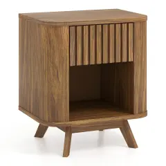 Walnut MDF Nightstand with Drawer and Open Shelf for Bedroom