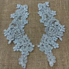 1 Pair 9" x 3" Each Side Beaded & Corded Floral Lace Applique Organza Metallic Silver