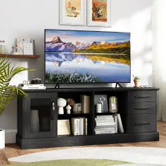 63 Inches Entertainment Center with 3 Storage Drawers and Removable Glass Shelves Black