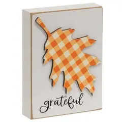 Grateful Fall Leaf Block White Wood Decor with Orange Plaid Leaf & Scripted Lettering