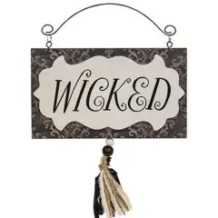 Spooky Wicked Halloween Wall Decor Damask Wooden Sign with Tassel for Home or Door Display